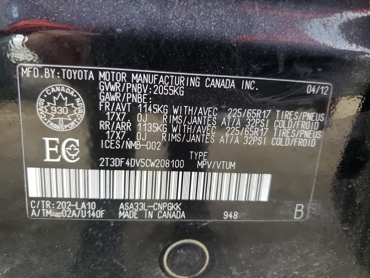 Photo 10 from auction – 2012 TOYOTA RAV4 LIMIT with VIN 2T3DF4DV5CW208100