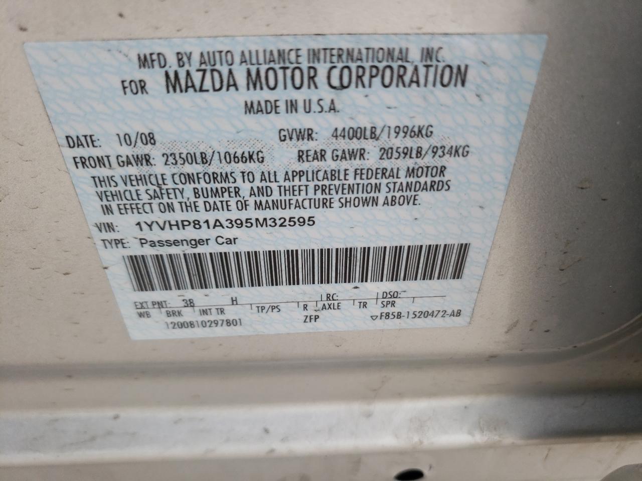 Photo 10 from auction – 2009 MAZDA 6 I with VIN 1YVHP81A395M32595