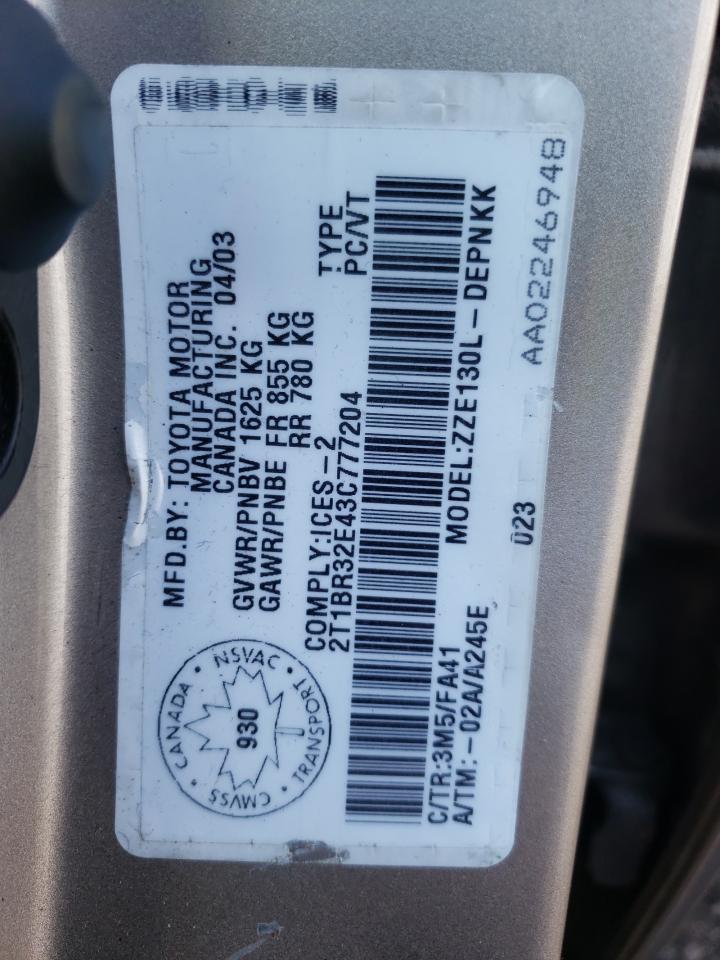 Photo 10 from auction – 2003 TOYOTA COROLLA CE with VIN 2T1BR32E43C777204