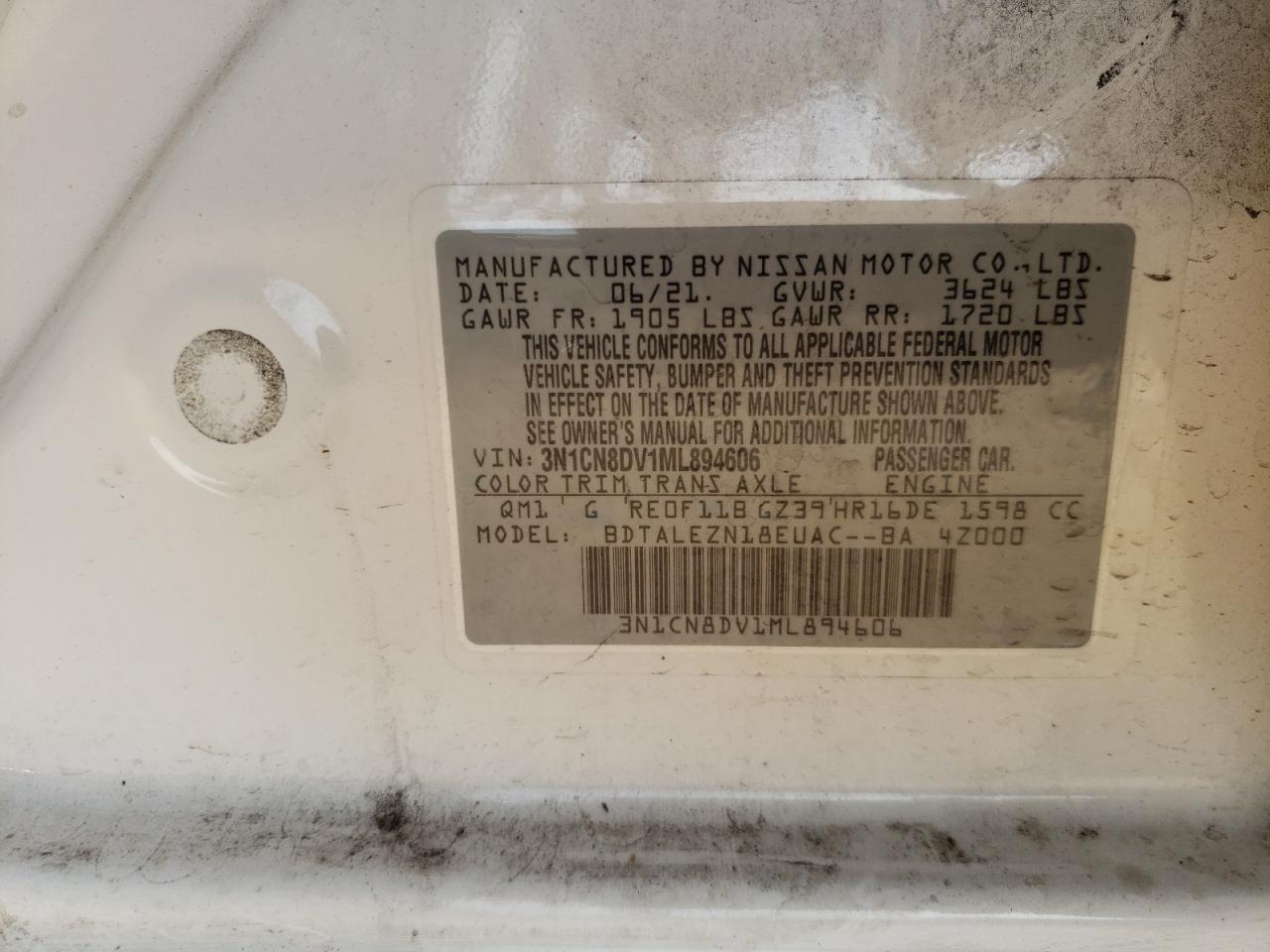 Photo 10 from auction – 2021 NISSAN VERSA S with VIN 3N1CN8DV1ML894606