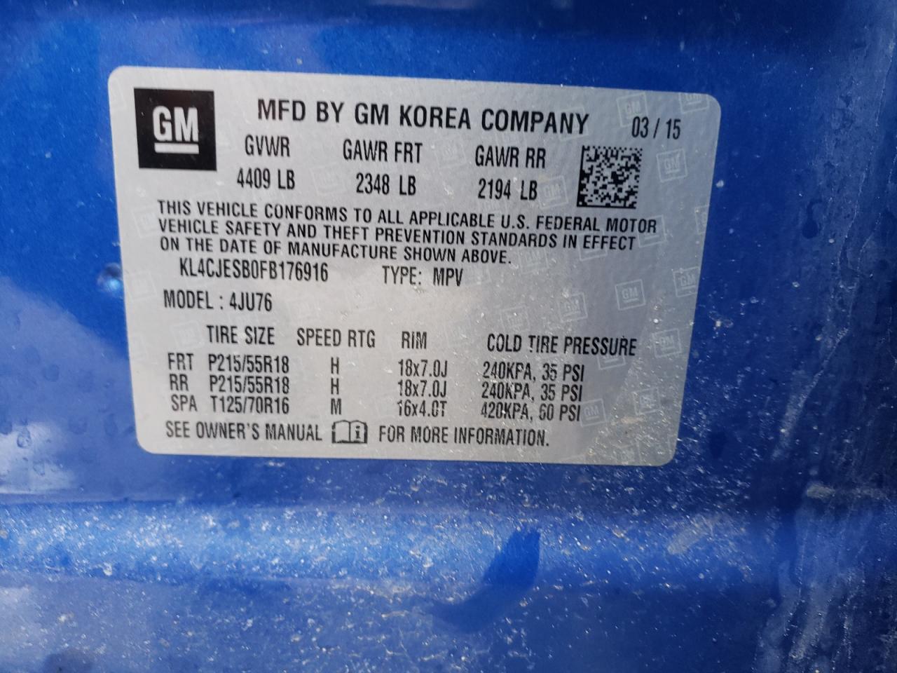Photo 10 from auction – 2015 BUICK ENCORE with VIN KL4CJESB0FB176916