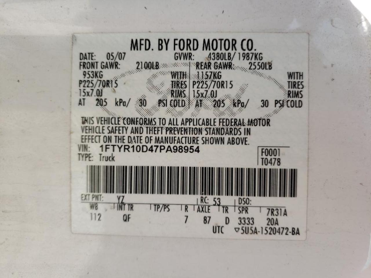 Photo 10 from auction – 2007 FORD RANGER with VIN 1FTYR10D47PA98954