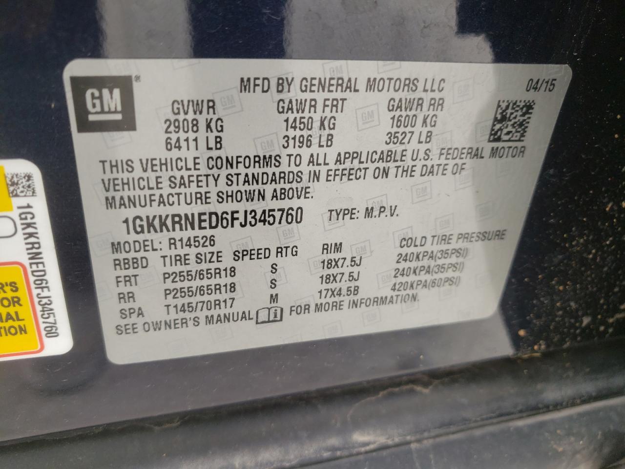 Photo 10 from auction – 2015 GMC ACADIA SLE with VIN 1GKKRNED6FJ345760