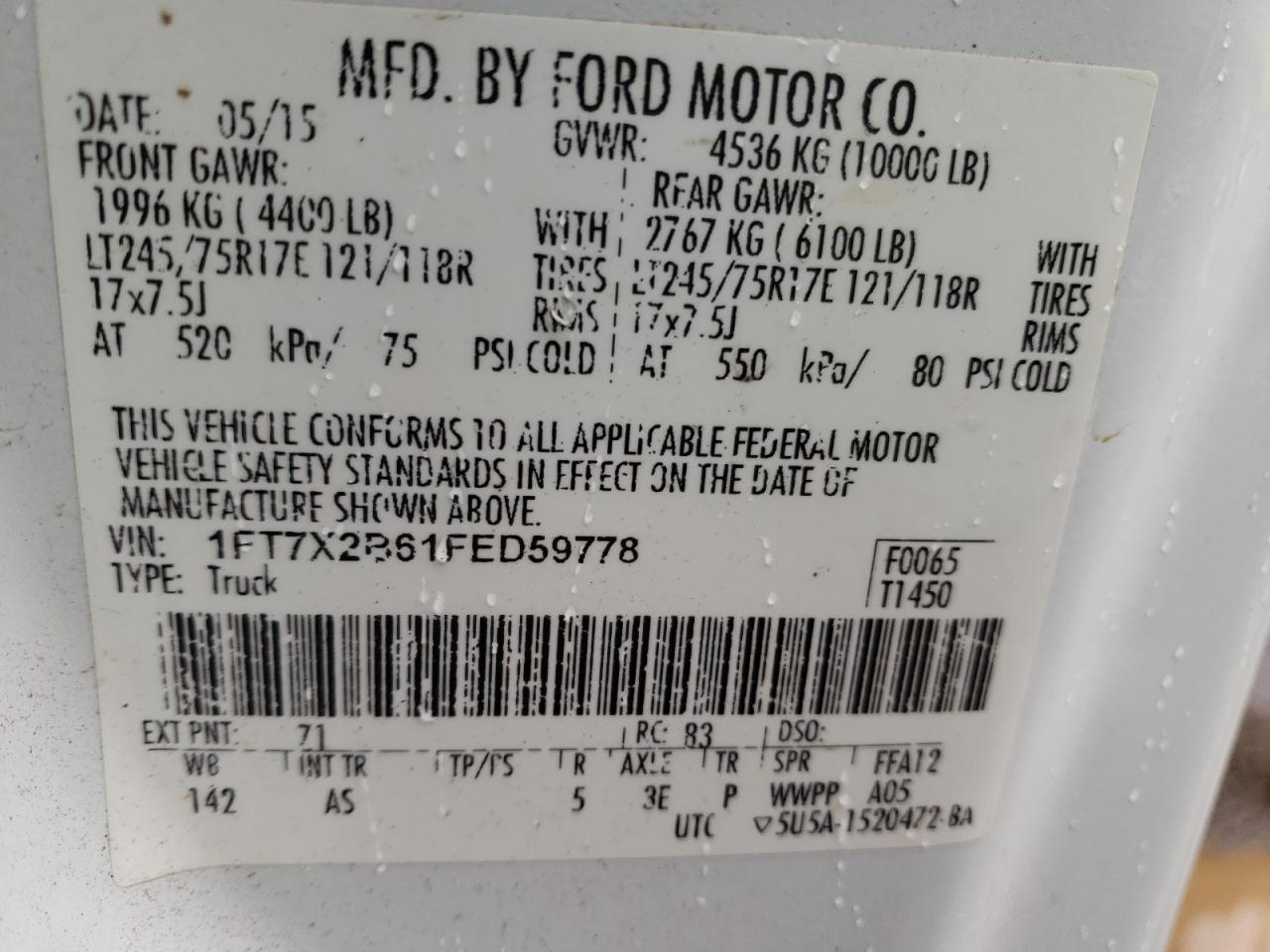 Zdjęcie 10 z aukcji – 2015 FORD F250 SUPER z VIN 1FT7X2B61FED59778