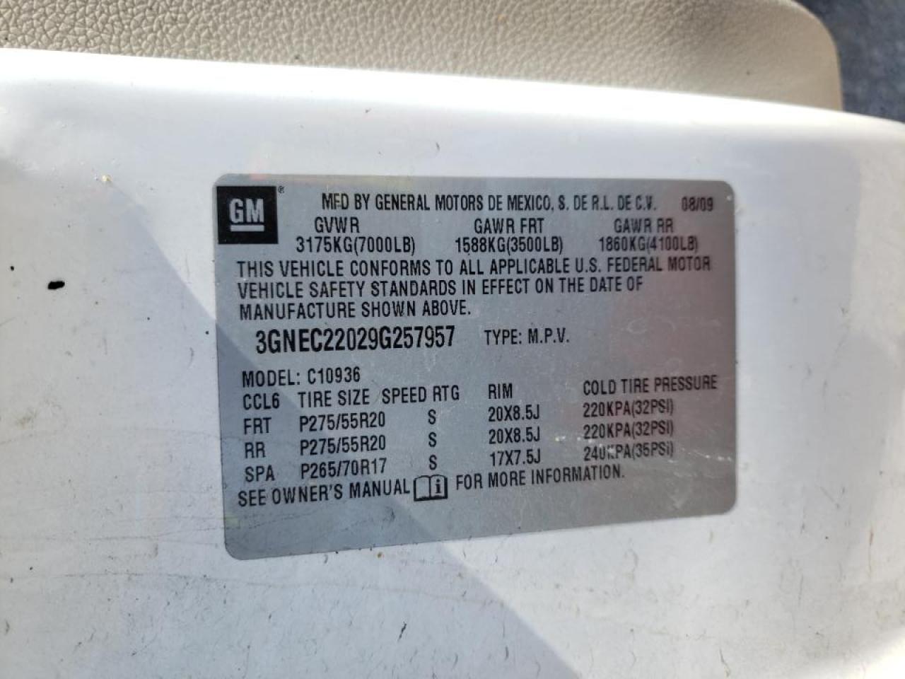 Photo 10 from auction – 2009 CHEVROLET AVALANCHE with VIN 3GNEC22029G257957