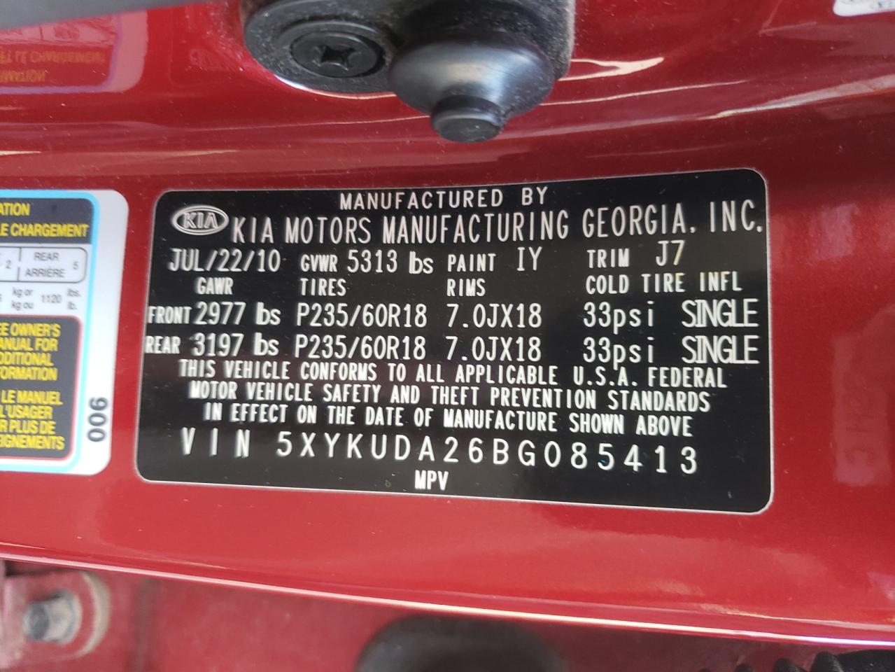 Photo 10 from auction – 2011 KIA SORENTO EX with VIN 5XYKUDA26BG085413