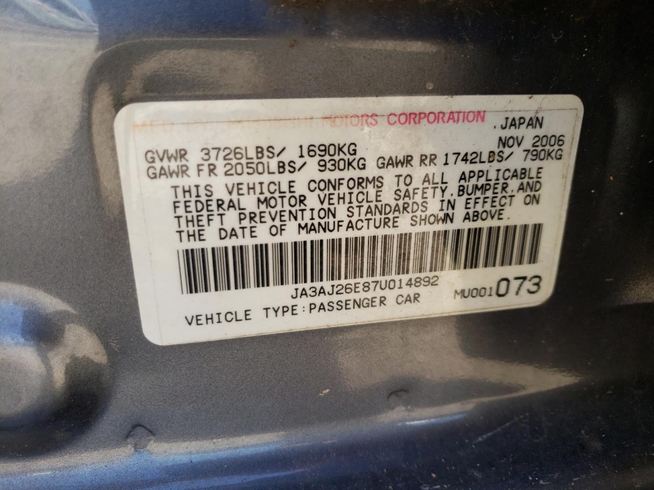 Photo 10 from auction – 2007 MITSUBISHI LANCER ES with VIN JA3AJ26E87U014892