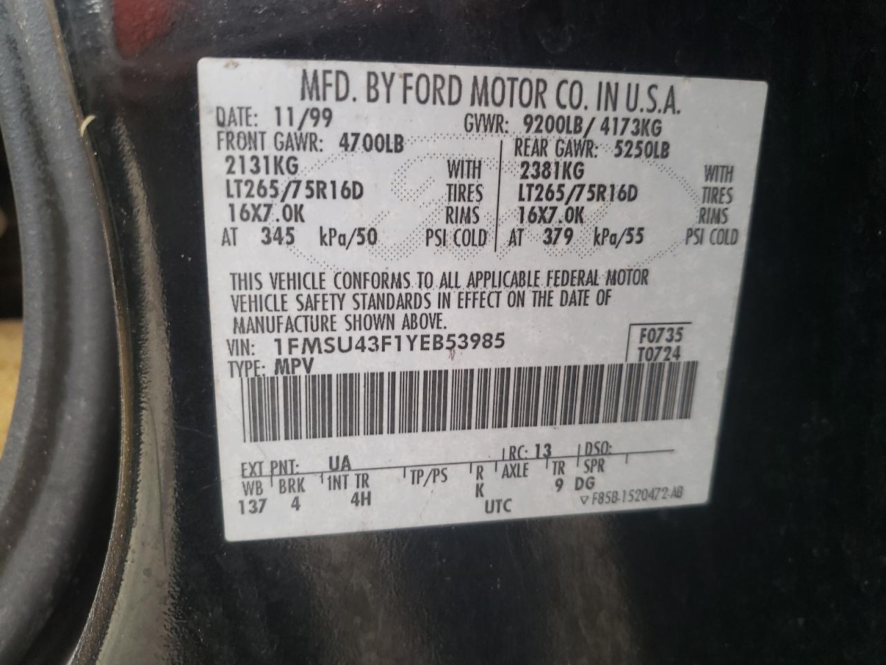 Photo 10 from auction – 2000 FORD EXCURSION with VIN 1FMSU43F1YEB53985