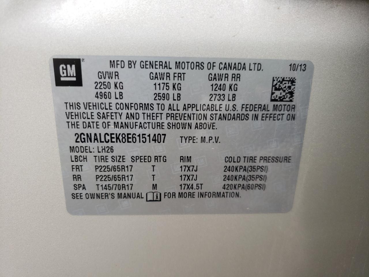 Photo 10 from auction – 2014 CHEVROLET EQUINOX LT with VIN 2GNALCEK8E6151407