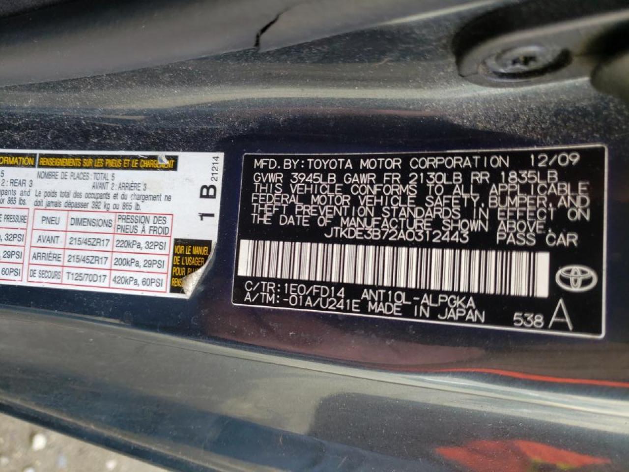 Photo 10 from auction – 2010 SCION TC with VIN JTKDE3B72A0312443
