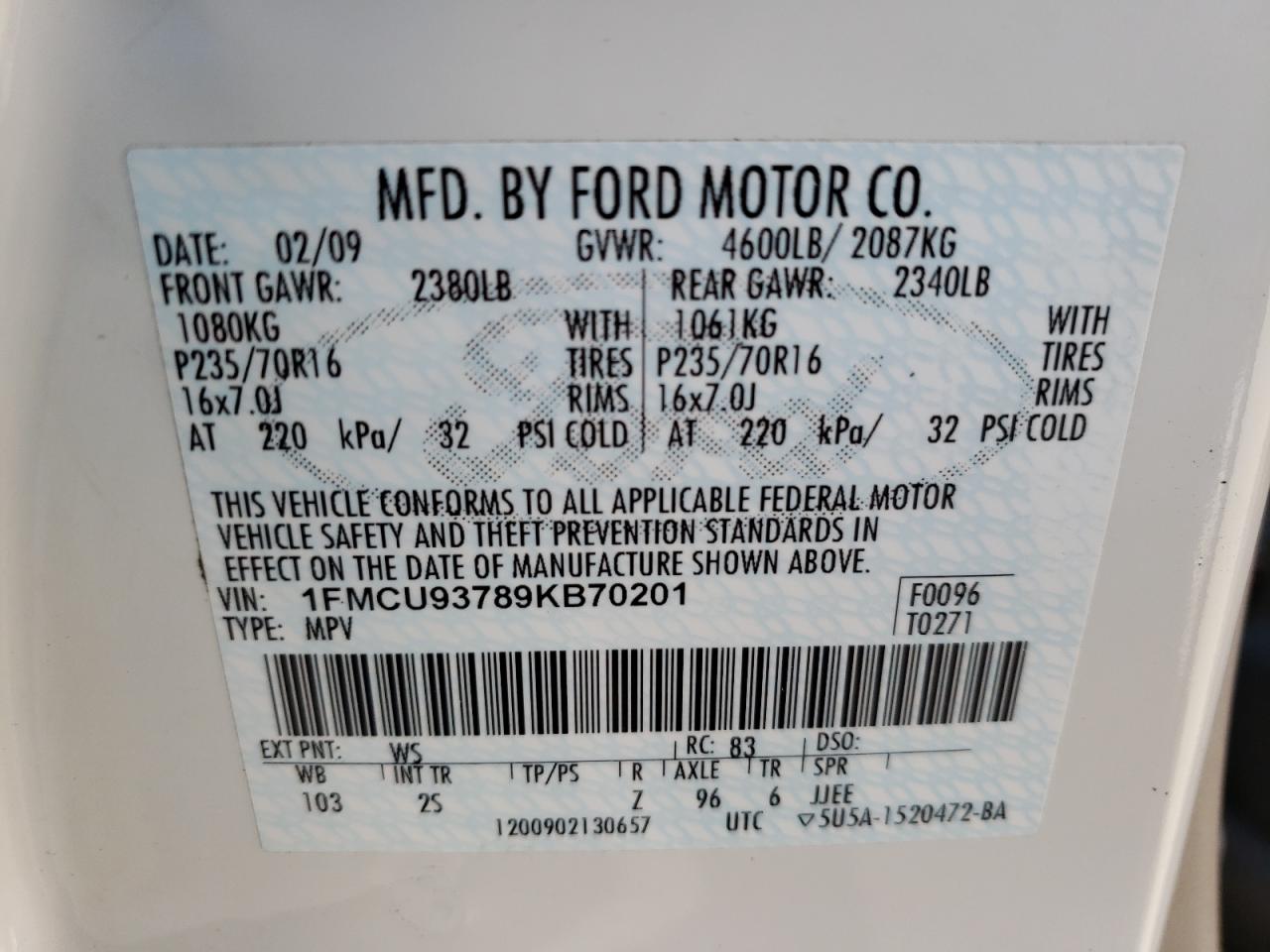 Photo 10 from auction – 2009 FORD ESCAPE XLT with VIN 1FMCU93789KB70201