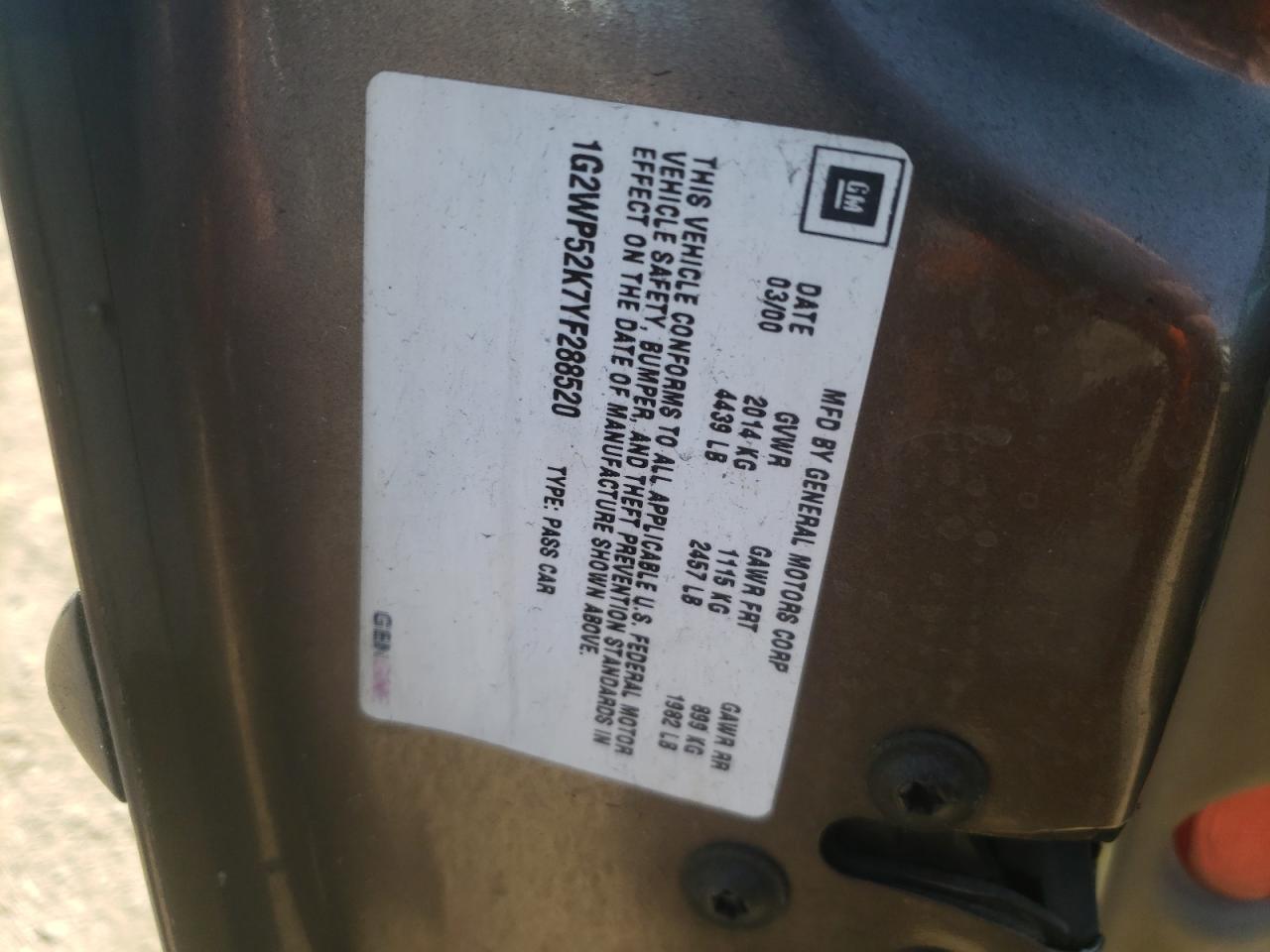 Photo 10 from auction – 2000 PONTIAC GRAND PRIX with VIN 1G2WP52K7YF288520