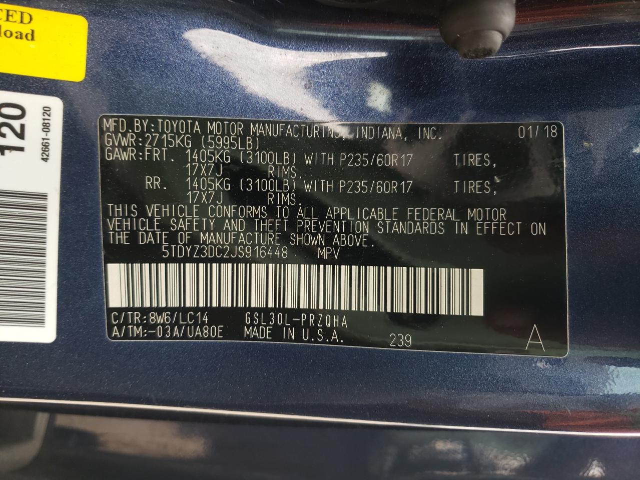Photo 10 from auction – 2018 TOYOTA SIENNA XLE with VIN 5TDYZ3DC2JS916448