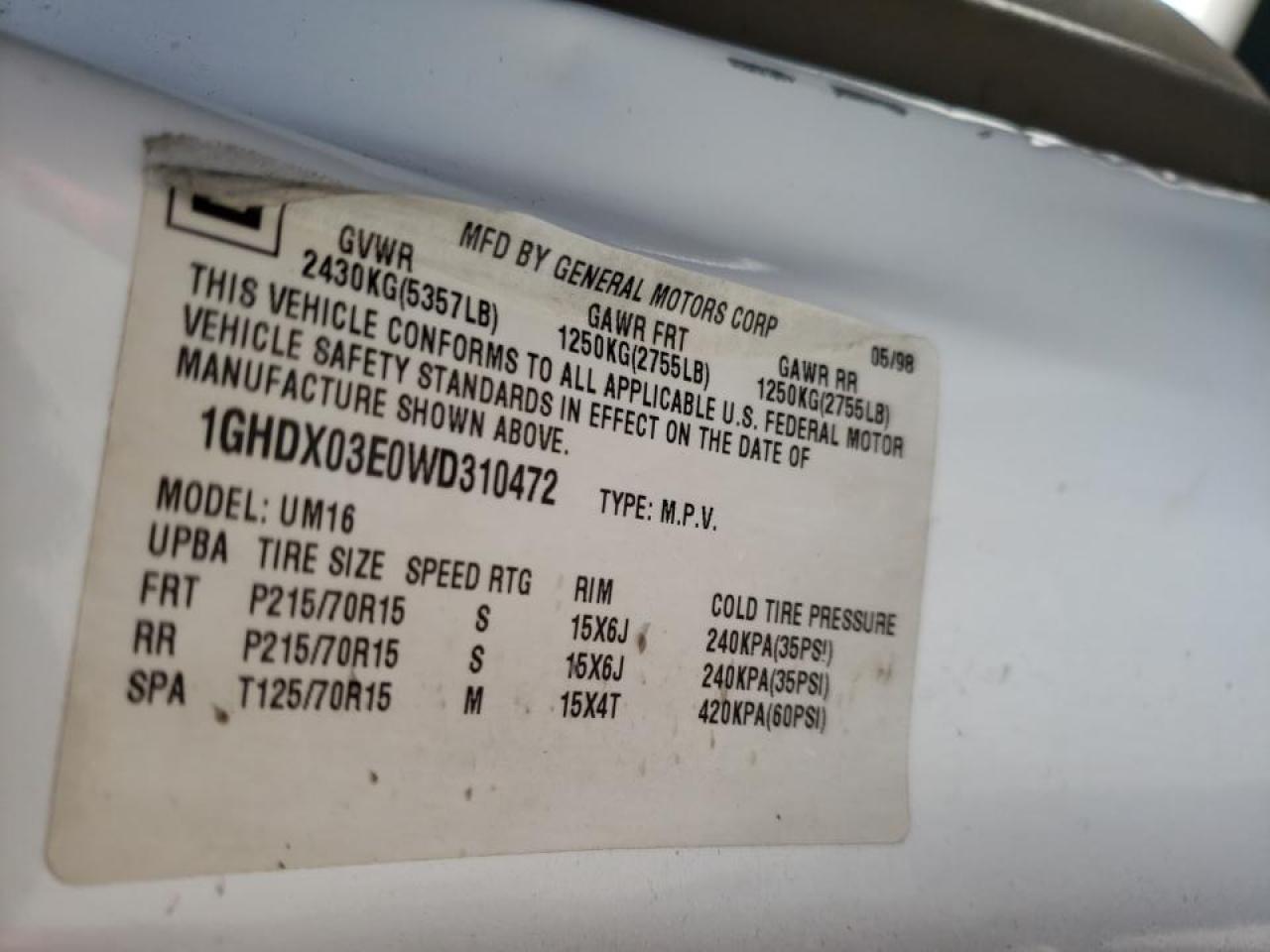 Photo 10 from auction – 1998 OLDSMOBILE SILHOUETTE with VIN 1GHDX03E0WD310472