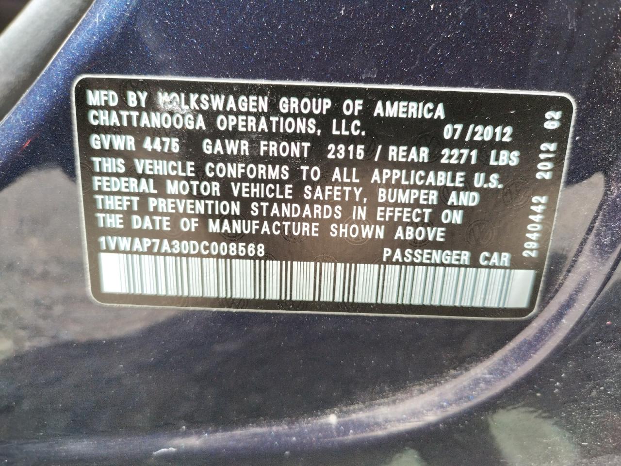Photo 10 from auction – 2013 VOLKSWAGEN PASSAT S with VIN 1VWAP7A30DC008568