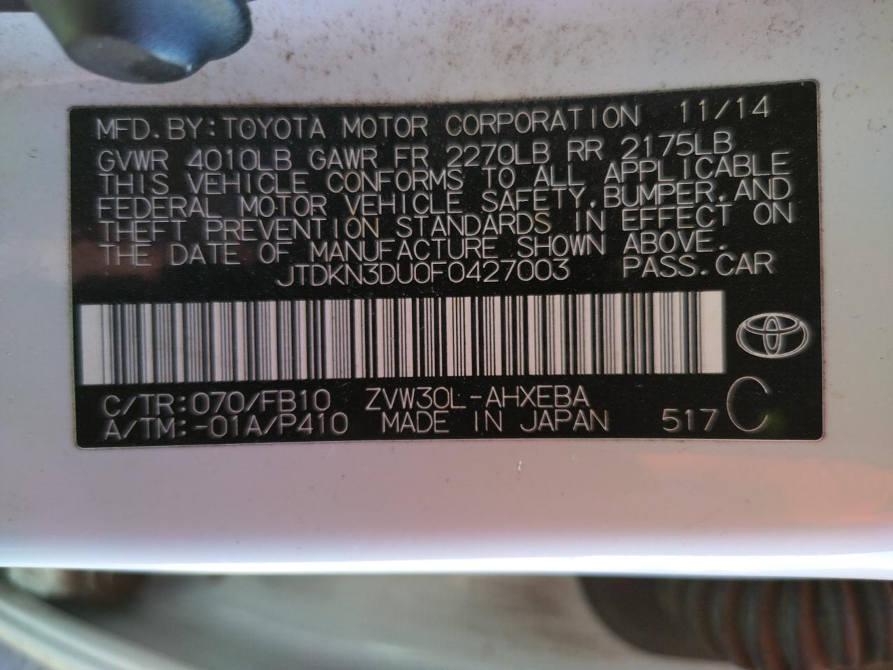 Photo 10 from auction – 2015 TOYOTA PRIUS with VIN JTDKN3DU0F0427003