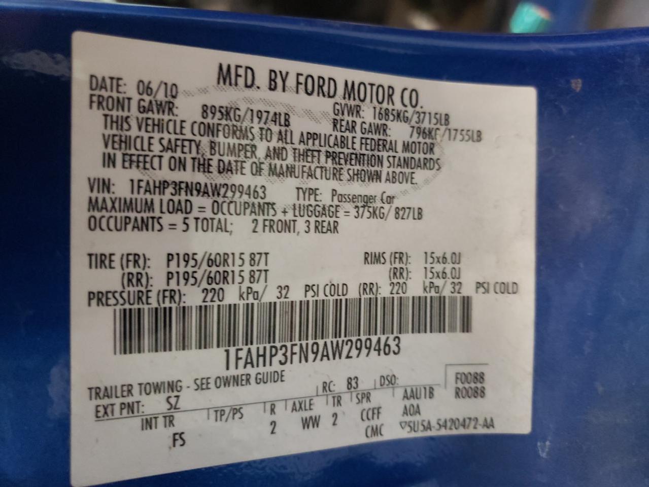 Photo 10 from auction – 2010 FORD FOCUS SE with VIN 1FAHP3FN9AW299463
