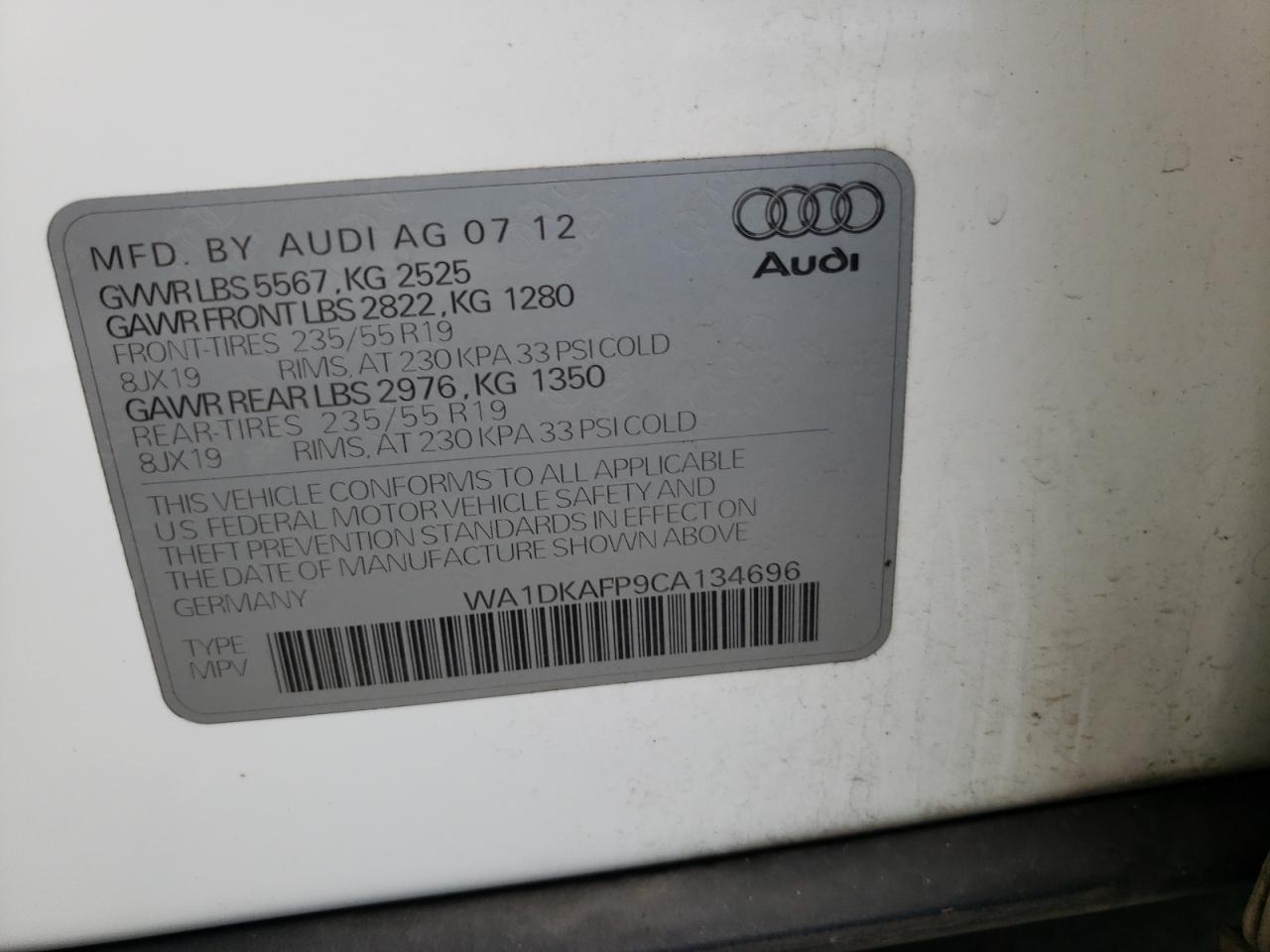 Photo 10 from auction – 2012 AUDI Q5 PREMIUM with VIN WA1DKAFP9CA134696