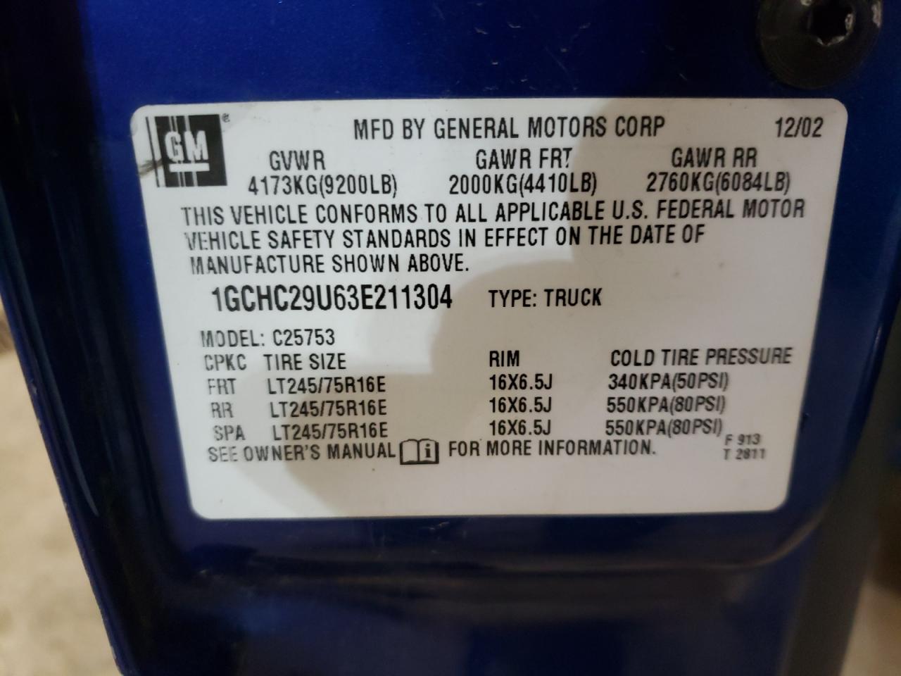 Photo 10 from auction – 2003 CHEVROLET SILVERADO with VIN 1GCHC29U63E211304