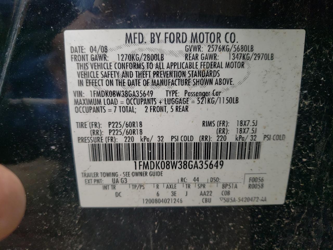 Photo 10 from auction – 2008 FORD TAURUS X E with VIN 1FMDK08W38GA35649