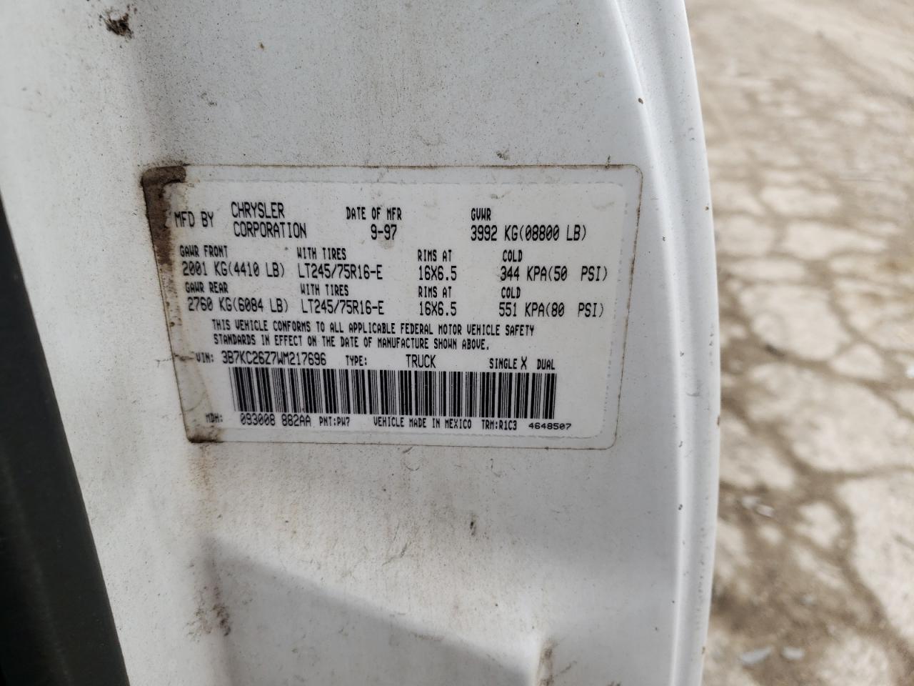 Photo 10 from auction – 1998 DODGE RAM 2500 with VIN 3B7KC26Z7WM217696
