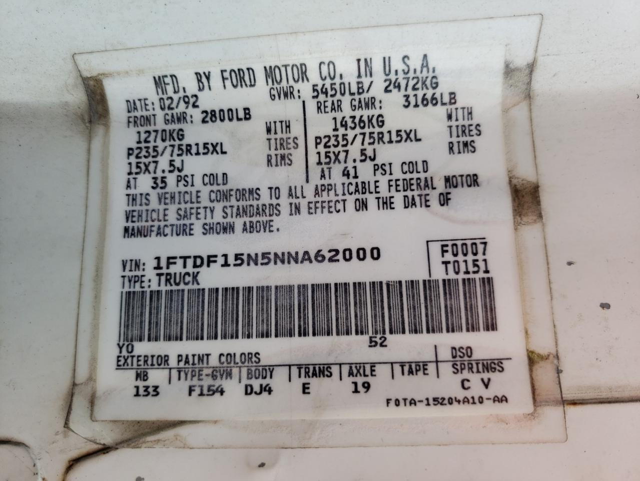 Photo 10 from auction – 1992 FORD F150 with VIN 1FTDF15N5NNA62000