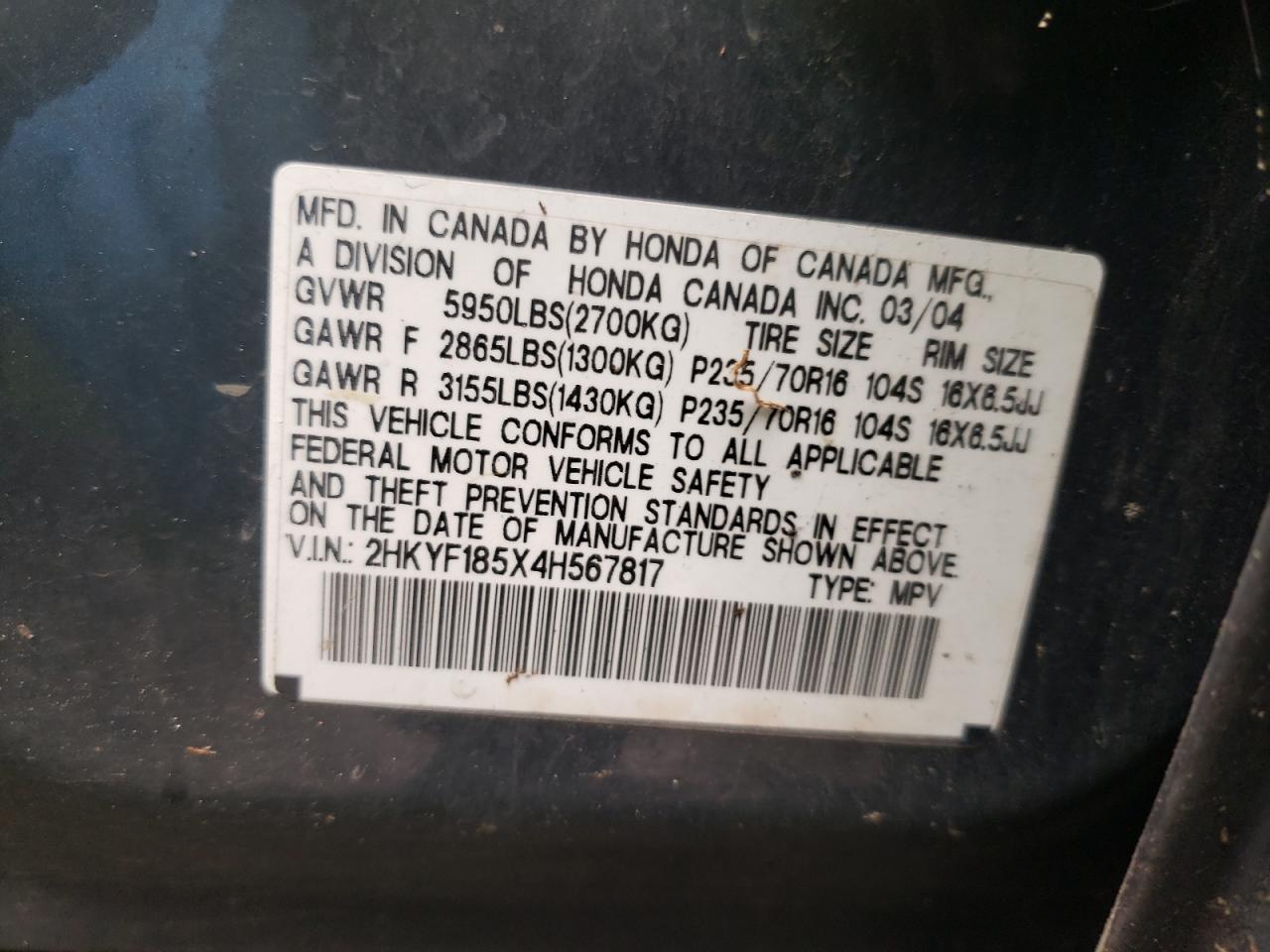 Photo 10 from auction – 2004 HONDA PILOT EXL with VIN 2HKYF185X4H567817