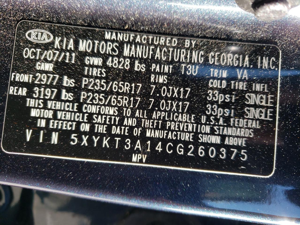 Photo 10 from auction – 2012 KIA SORENTO BA with VIN 5XYKT3A14CG260375