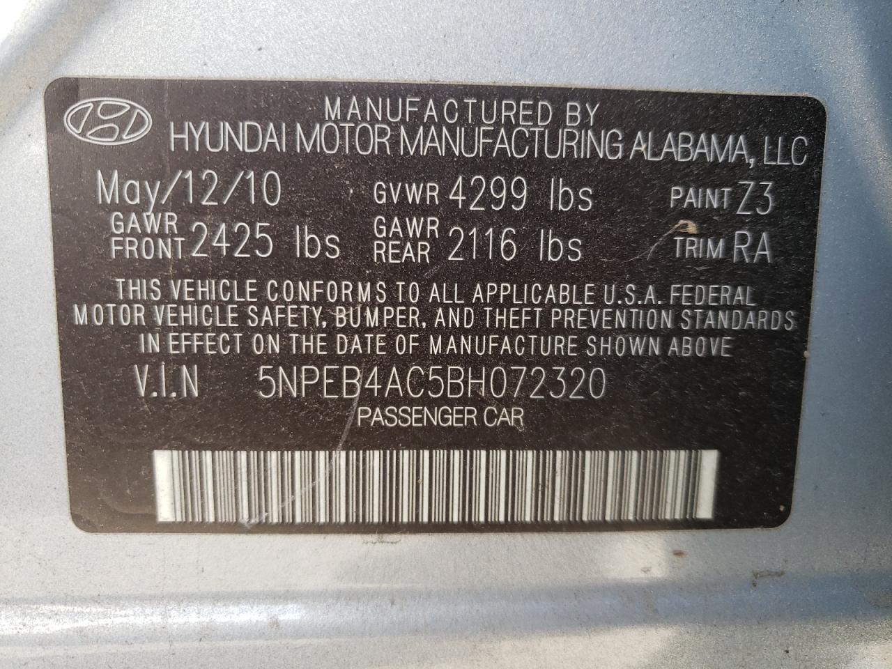 Photo 10 from auction – 2011 HYUNDAI SONATA GLS with VIN 5NPEB4AC5BH072320