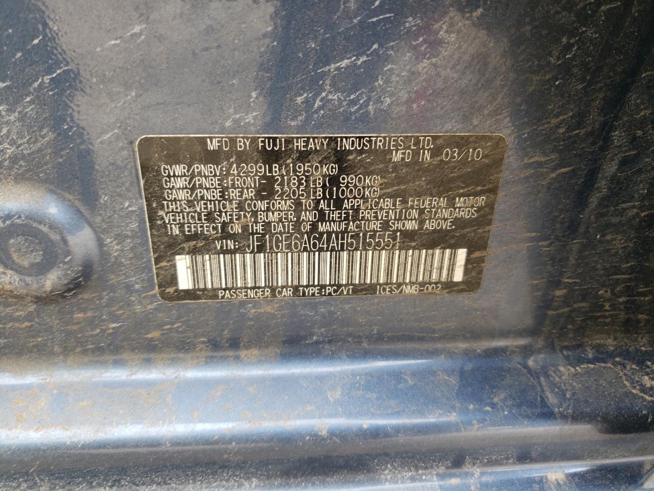 Photo 10 from auction – 2010 SUBARU IMPREZA with VIN JF1GE6A64AH515551