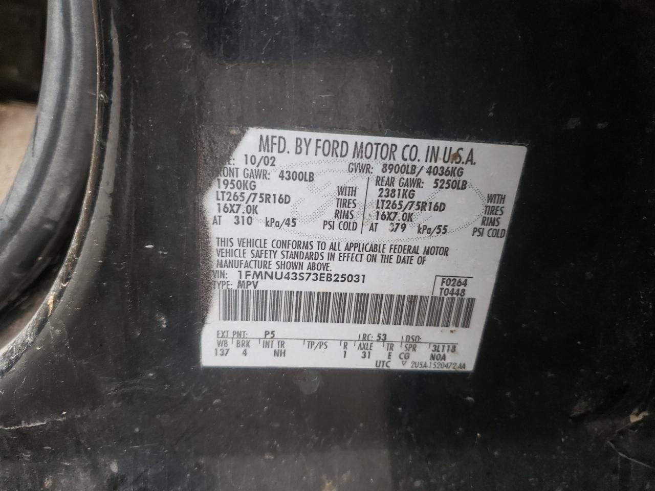 Photo 10 from auction – 2003 FORD EXCURSION with VIN 1FMNU43S73EB25031