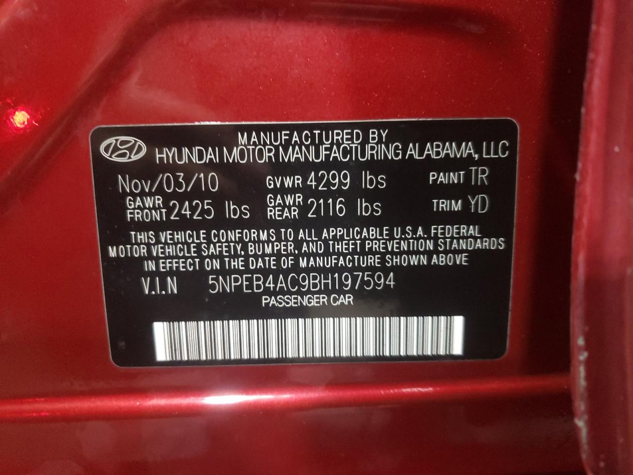 Photo 10 from auction – 2011 HYUNDAI SONATA GLS with VIN 5NPEB4AC9BH197594