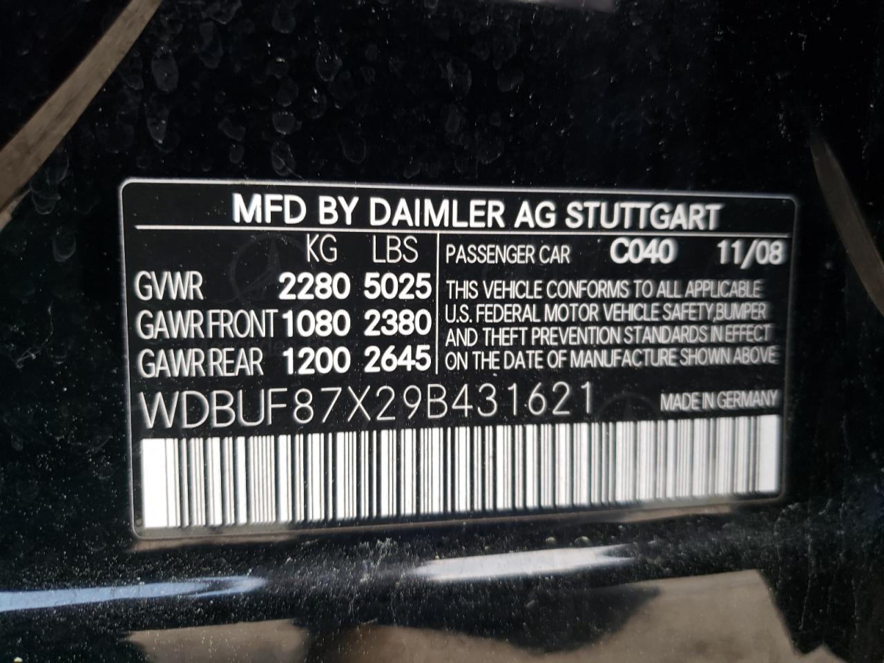 Photo 10 from auction – 2008 MERCEDES-BENZ E CLASS with VIN WDBUF87X29B431621