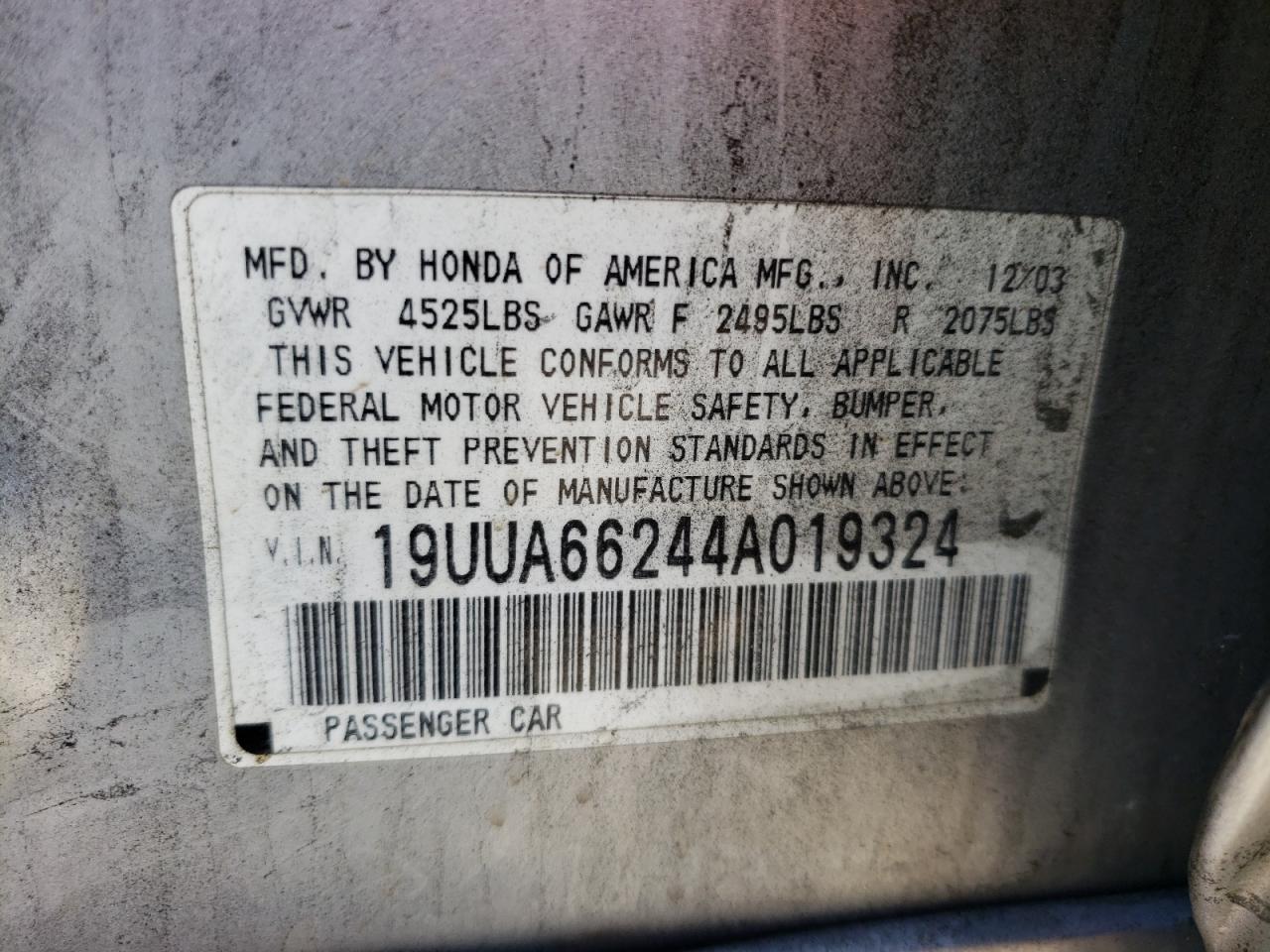Photo 10 from auction – 2004 ACURA TL with VIN 19UUA66244A019324