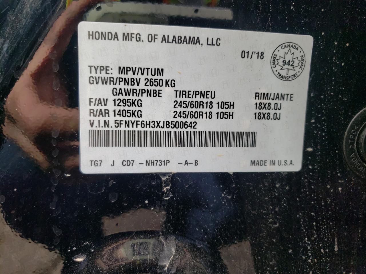 Photo 10 from auction – 2018 HONDA PILOT EX with VIN 5FNYF6H3XJB500642