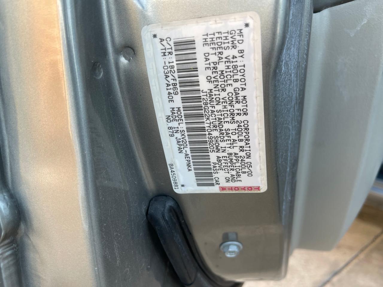 Photo 10 from auction – 2000 TOYOTA CAMRY CE with VIN JT2BG22K7Y0499205