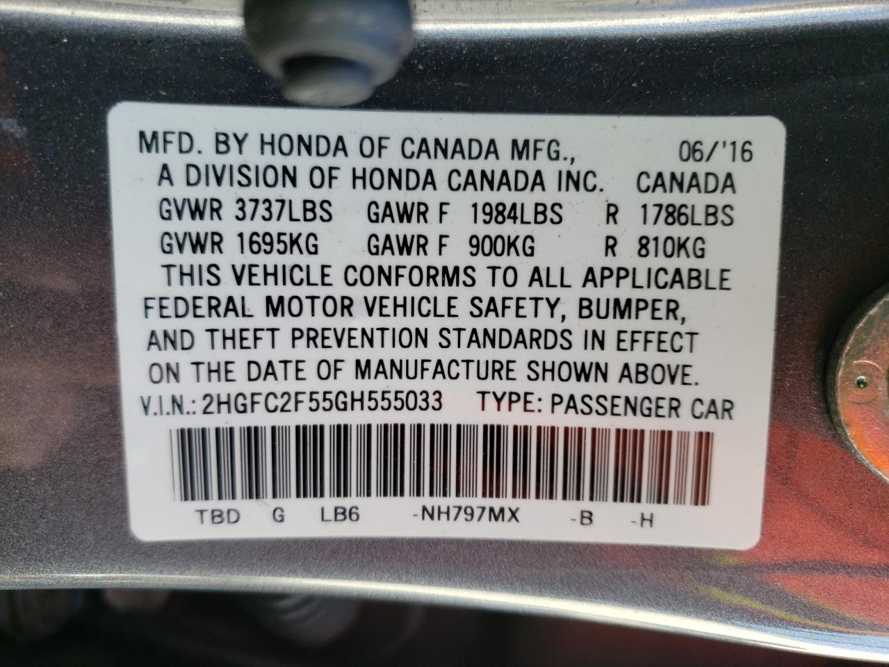 Photo 10 from auction – 2016 HONDA CIVIC LX with VIN 2HGFC2F55GH555033