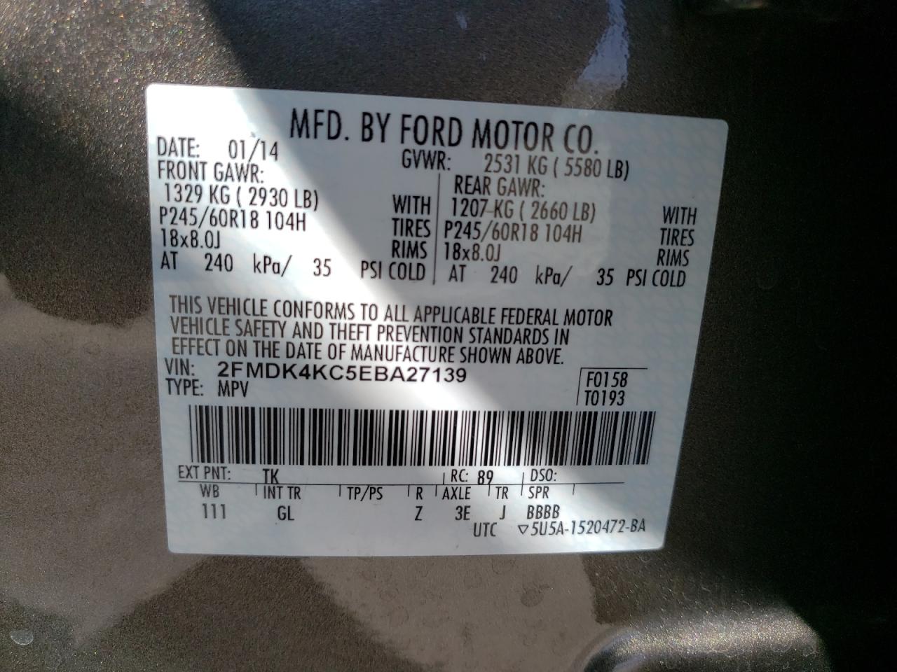 Photo 10 from auction – 2014 FORD EDGE LIMIT with VIN 2FMDK4KC5EBA27139