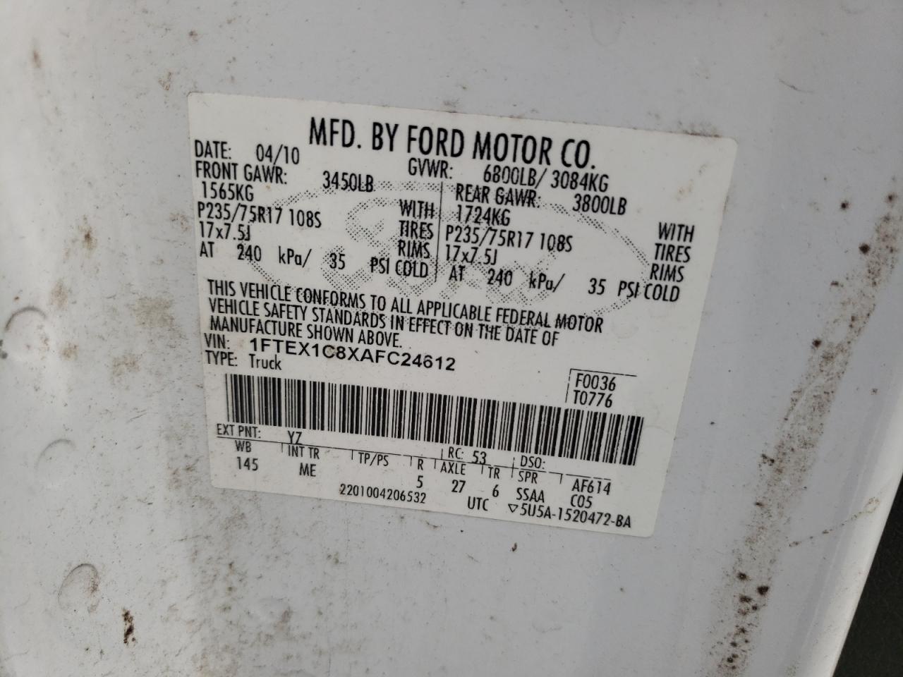 Photo 10 from auction – 2010 FORD F150 SUPER with VIN 1FTEX1C8XAFC24612