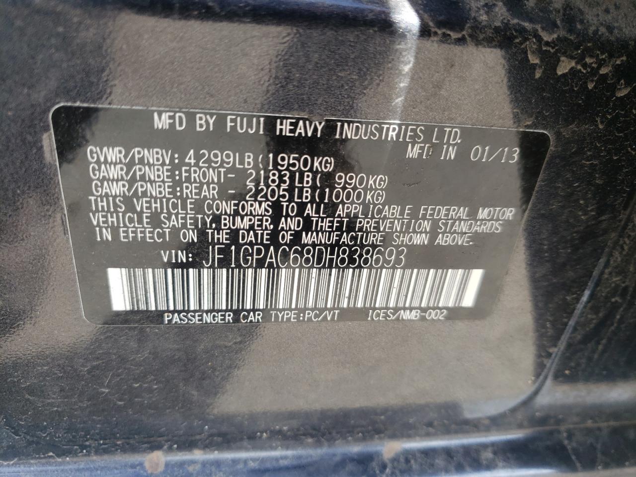 Photo 10 from auction – 2013 SUBARU IMPREZA PR with VIN JF1GPAC68DH838693