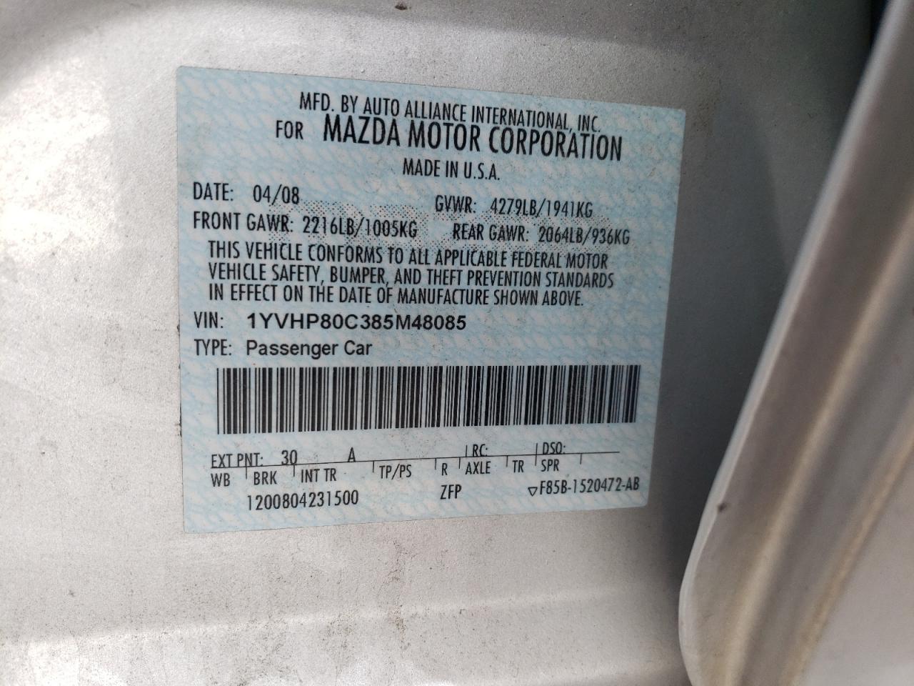 Photo 10 from auction – 2008 MAZDA 6 I with VIN 1YVHP80C385M48085