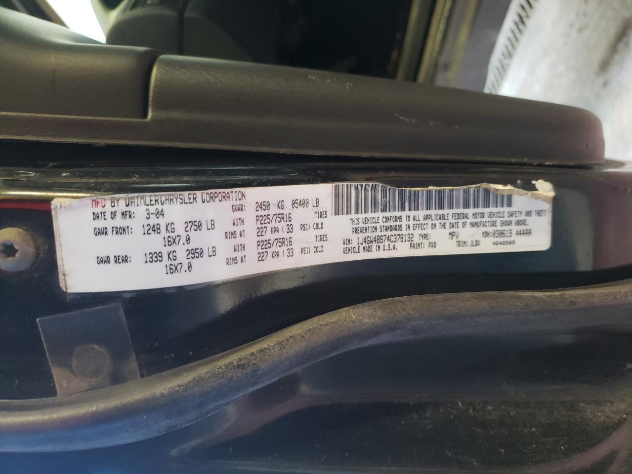 Photo 10 from auction – 2004 JEEP GRAND CHER with VIN 1J4GW48S74C378132