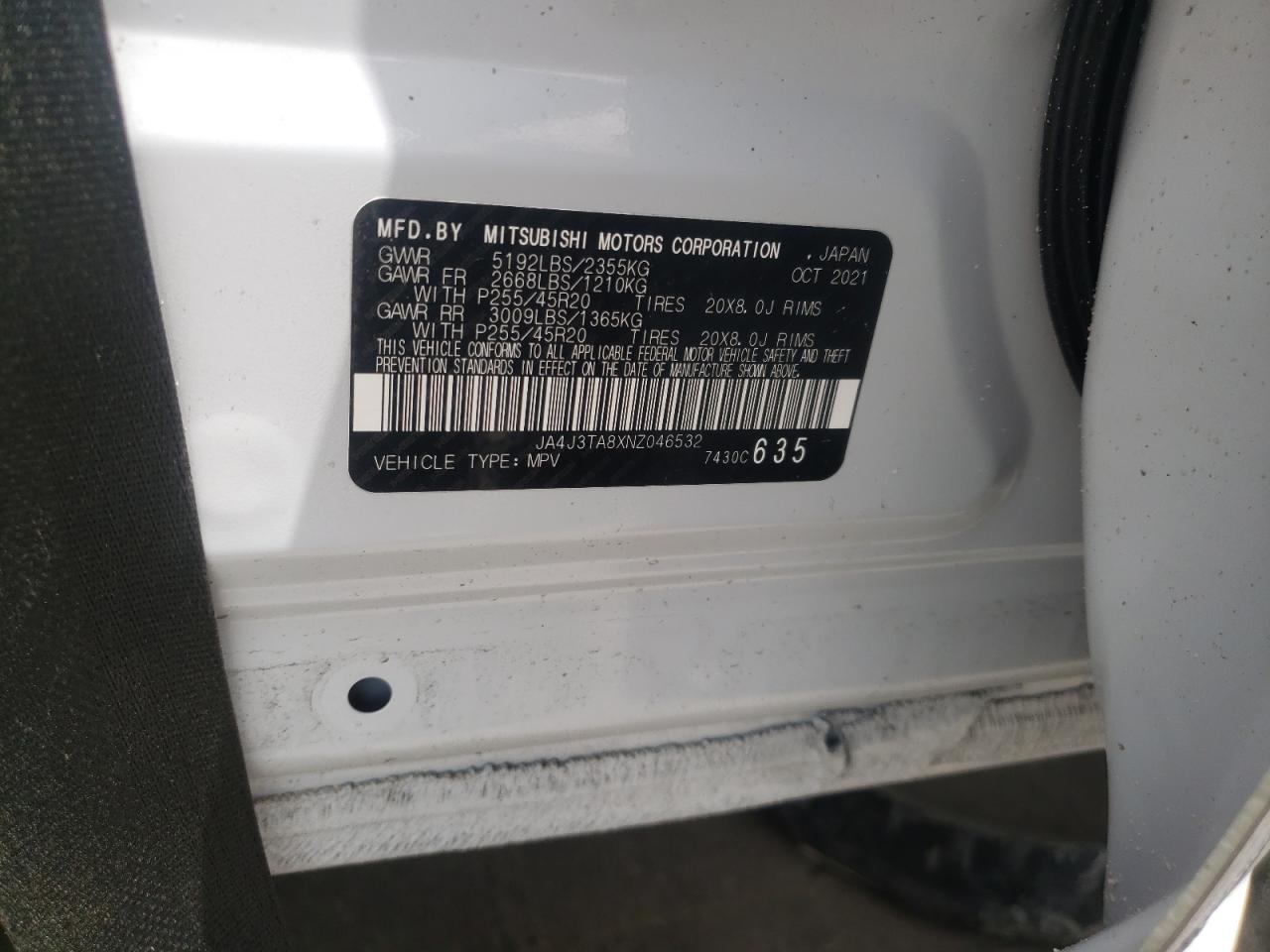 Photo 10 from auction – 2022 MITSUBISHI OUTLANDER with VIN JA4J3TA8XNZ046532