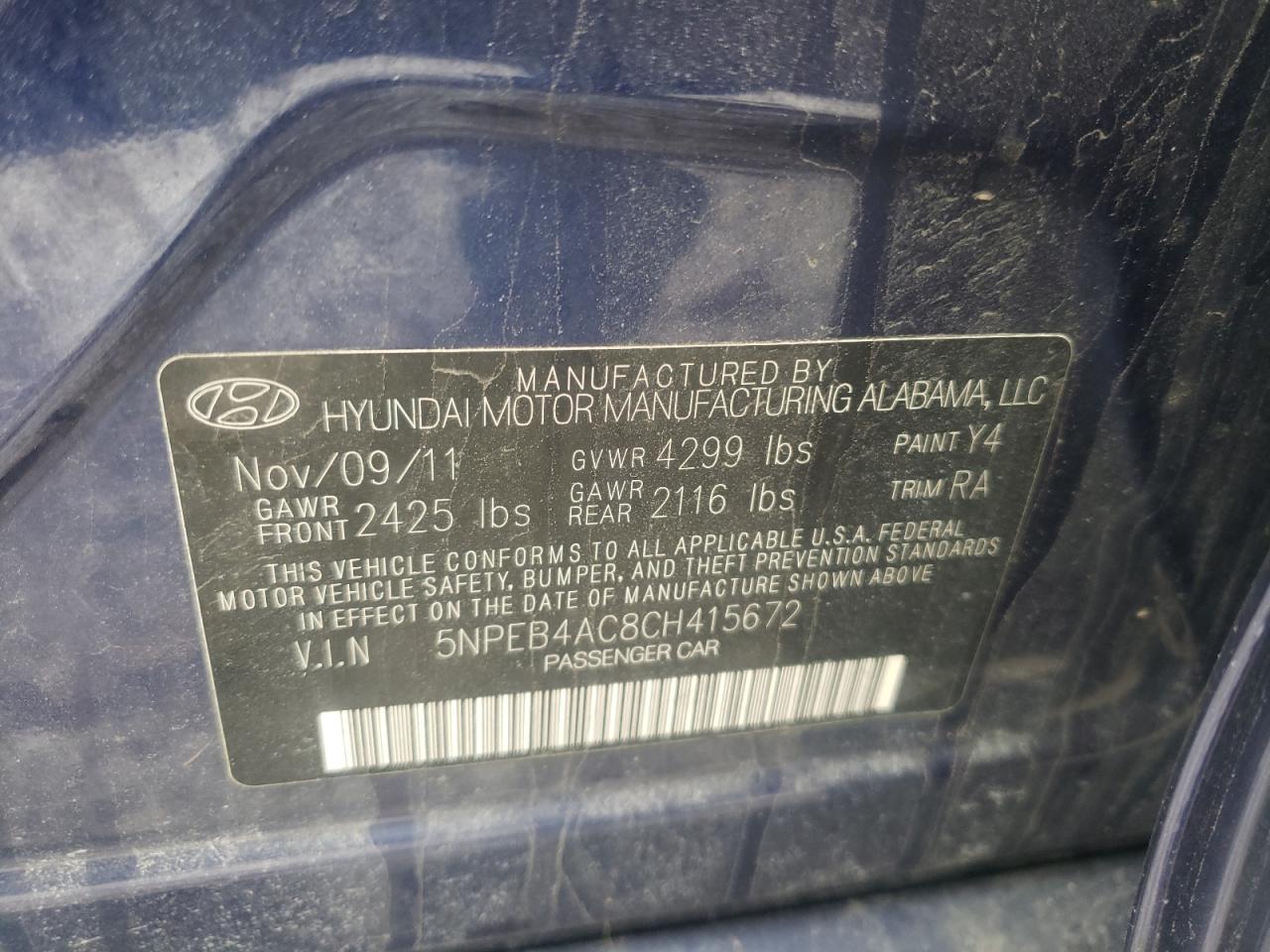 Photo 10 from auction – 2012 HYUNDAI SONATA GLS with VIN 5NPEB4AC8CH415672