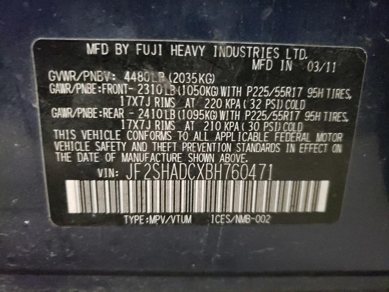 Photo 10 from auction – 2011 SUBARU FORESTER 2 with VIN JF2SHADCXBH760471