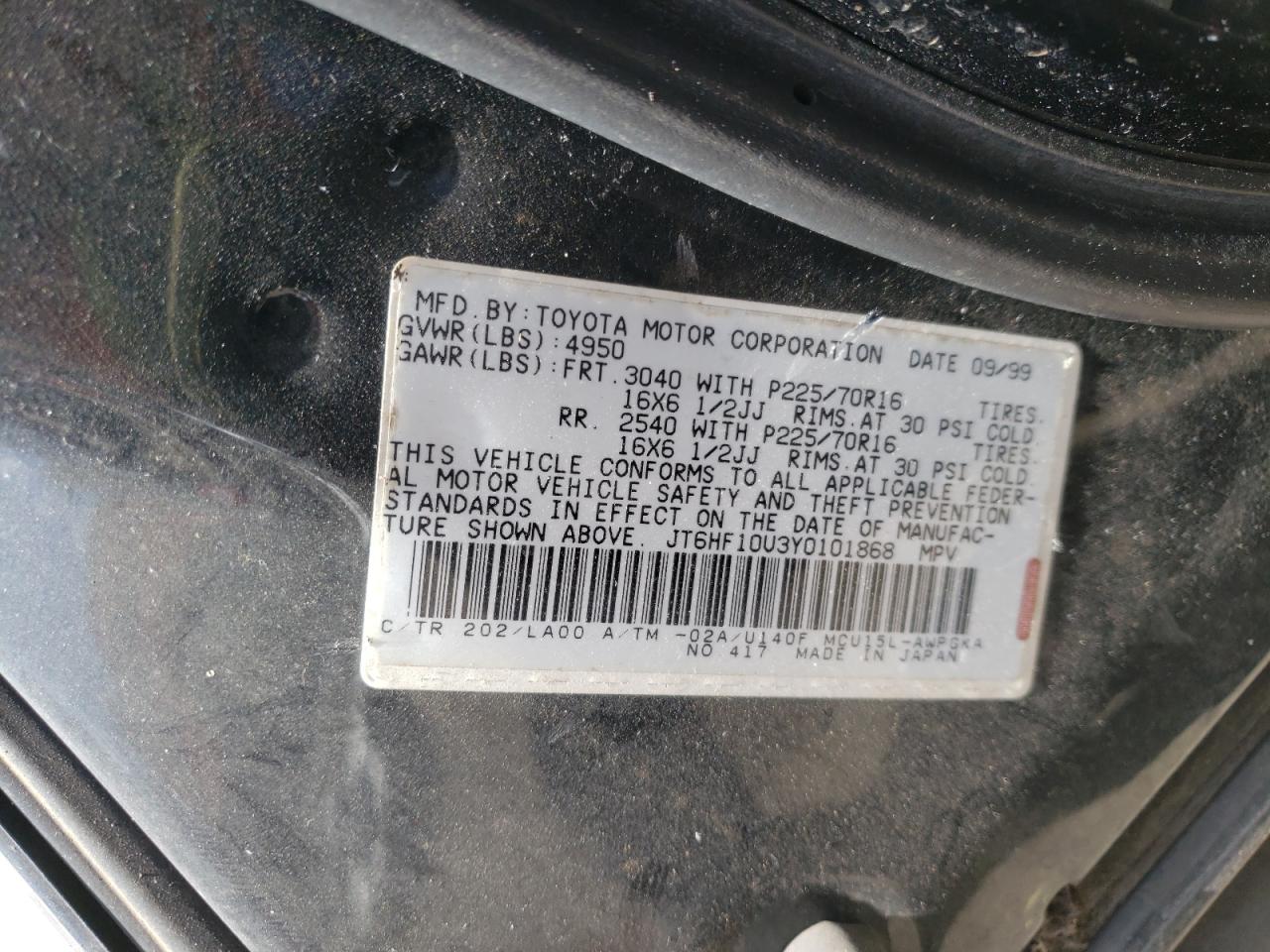 Photo 10 from auction – 2000 LEXUS RX 300 with VIN JT6HF10U3Y0101868
