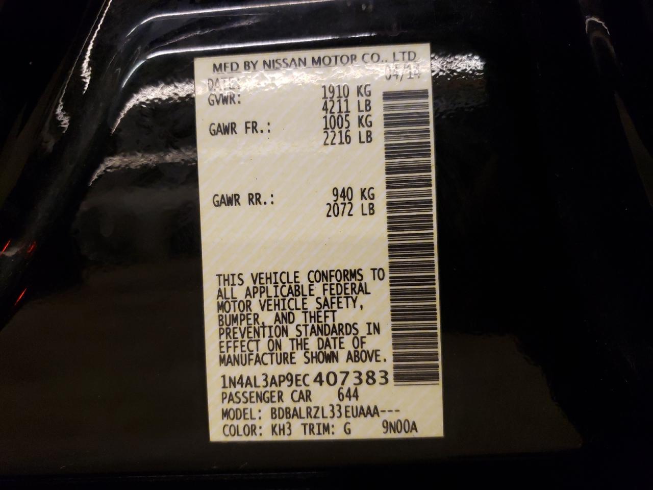 Photo 10 from auction – 2014 NISSAN ALTIMA 2.5 with VIN 1N4AL3AP9EC407383