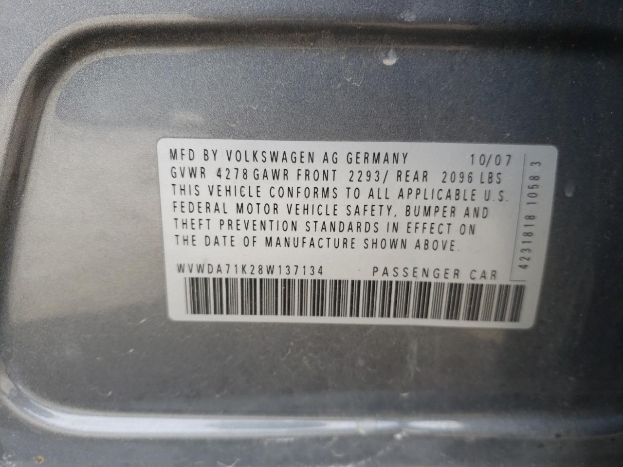 Photo 10 from auction – 2008 VOLKSWAGEN RABBIT with VIN WVWDA71K28W137134