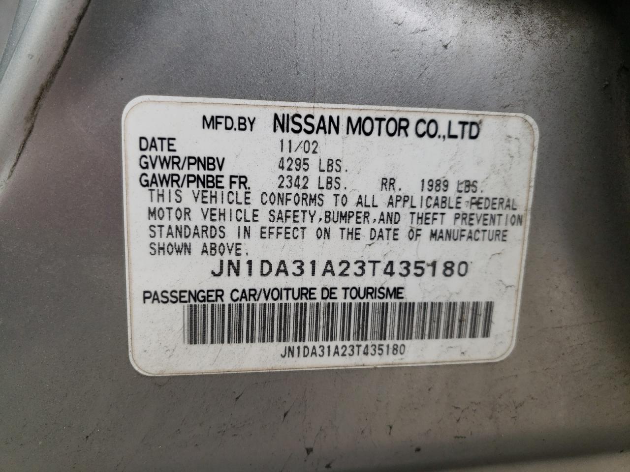 Photo 10 from auction – 2003 NISSAN MAXIMA GLE with VIN JN1DA31A23T435180