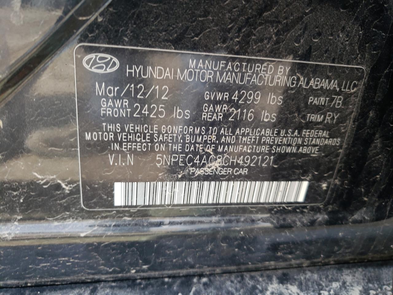 Photo 10 from auction – 2012 HYUNDAI SONATA SE with VIN 5NPEC4AC8CH492121